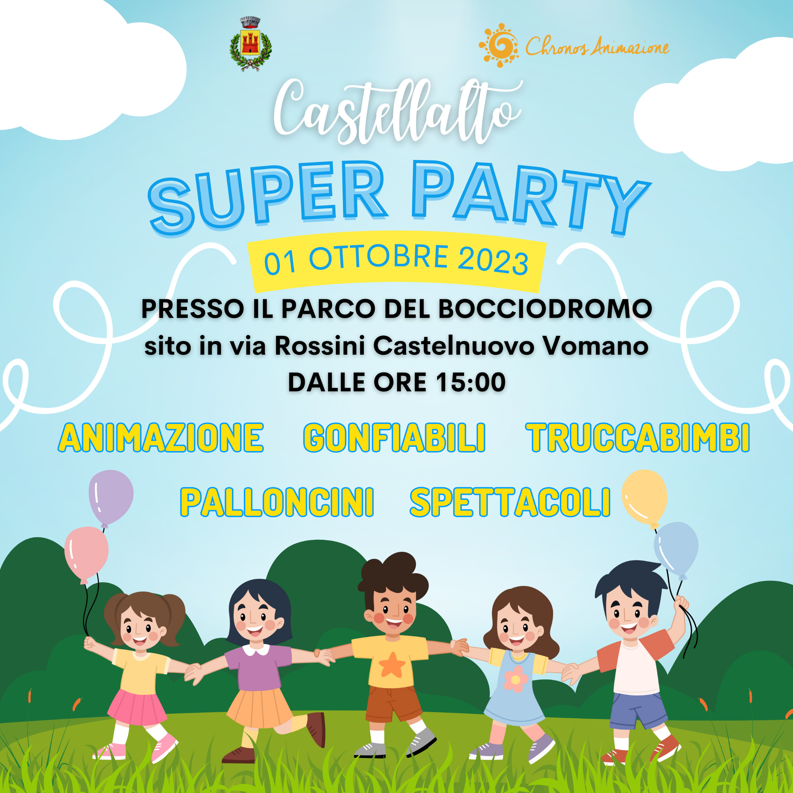 SUPER PARTY Domenica 1° Ottobre 2023  dalle ore 15:00 alle ore 19:00 presso il parco del Bocciodromo sito in Via Rossini a Castelnuovo Vomano.